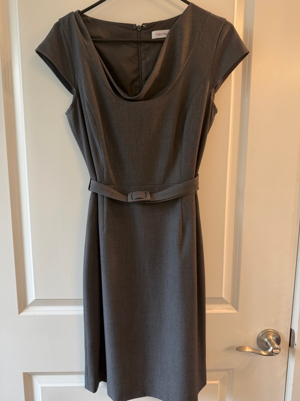 Calvin Klein Charcoal Gray Cap-Sleeve Belted Midi Dress
